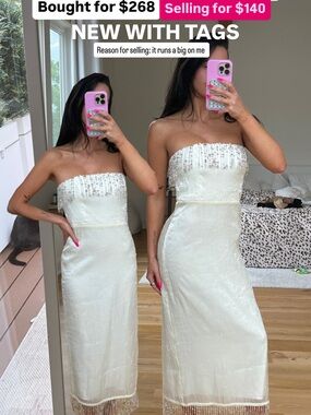 House of Harlow 1960 Ivory Strapless Beaded Fringe Midi Dress